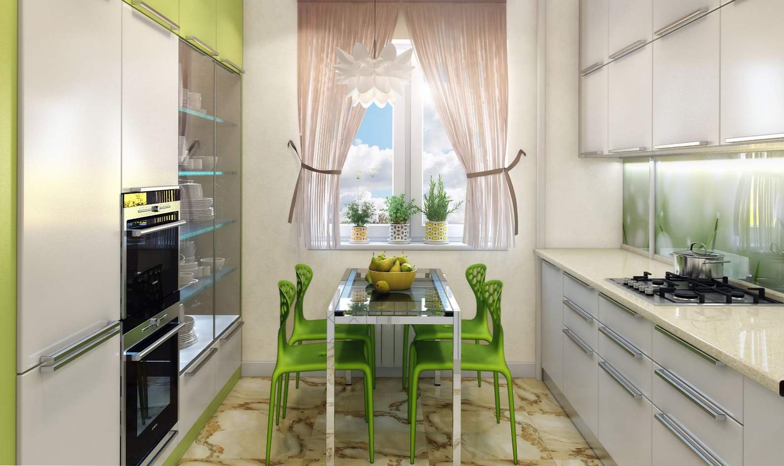 Кухня с зелеными акцентами с окном